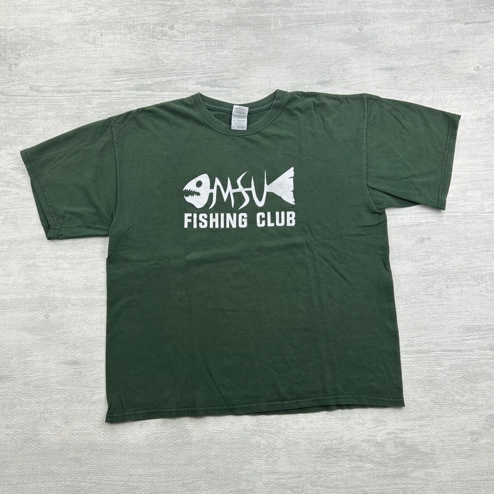 Vintage Michigan State Fishing Club Shirt Size XL Green University MSU Skeleton